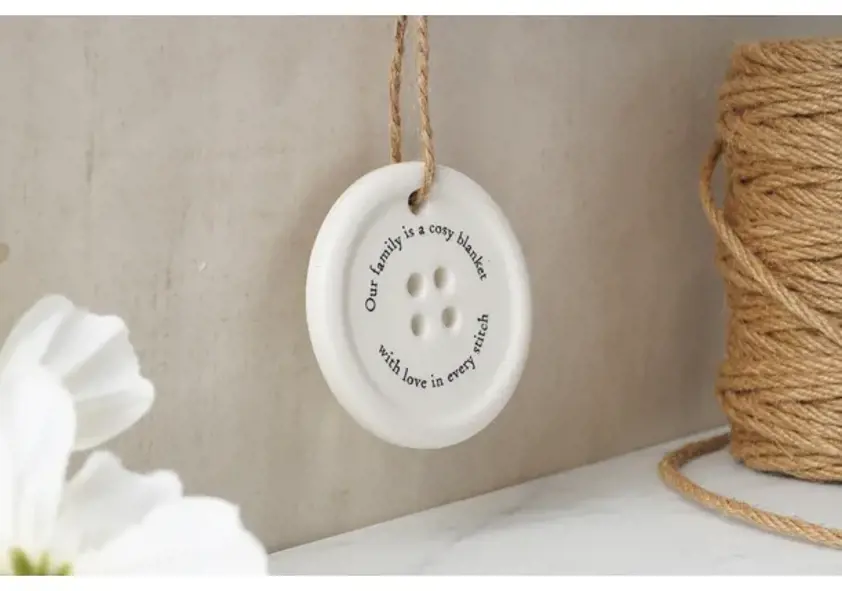 Family is a cosy blanket Send With Love 8 Asst. Mini Button Hangers In Dish