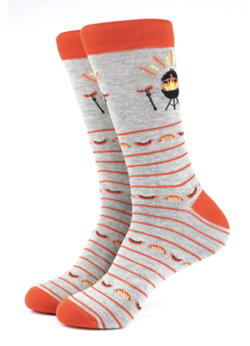 Men's King of The Grill Print Bamboo Socks in Grey Orange