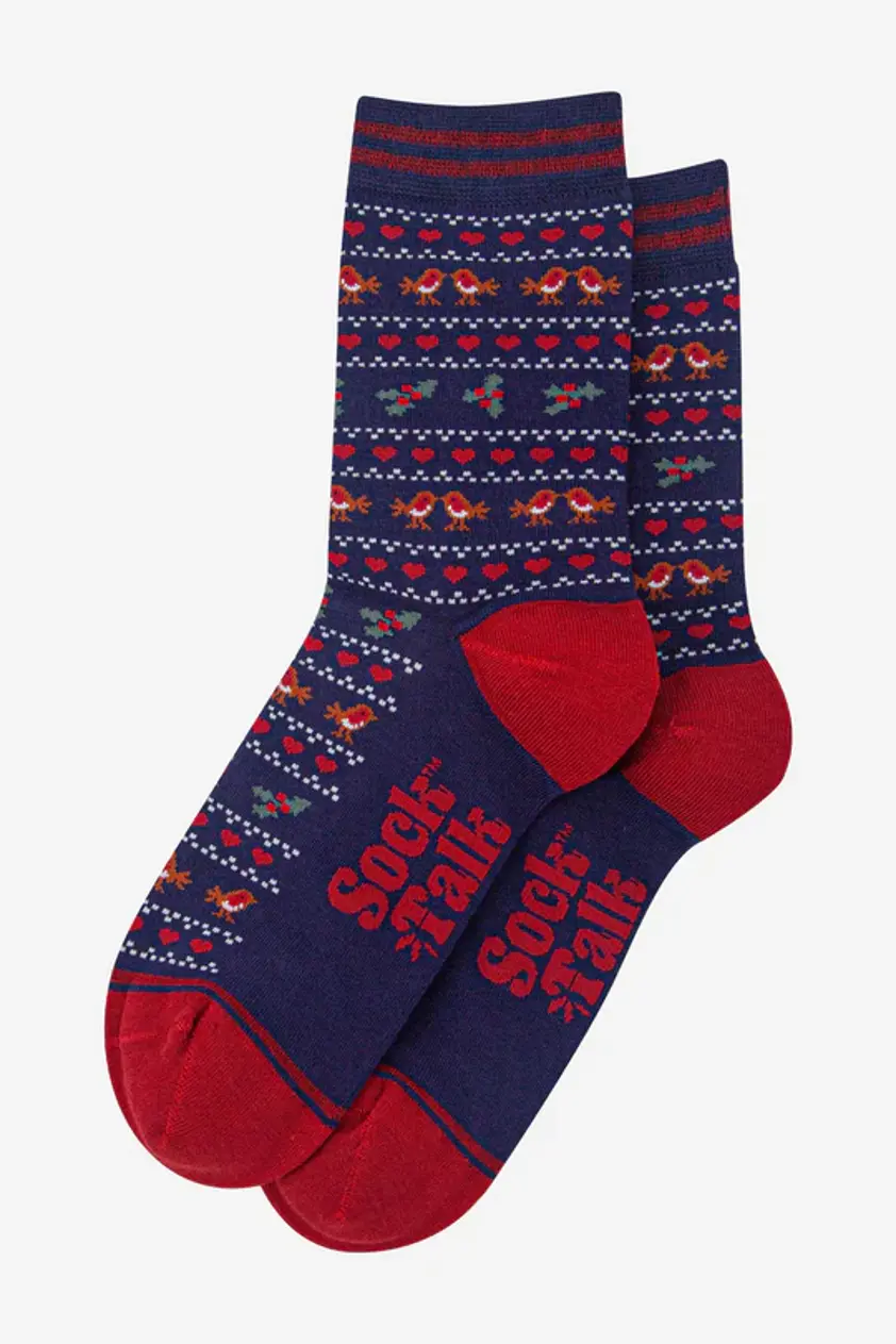 Women's Bamboo Socks - Navy Blue/Red, Robin Fair Isle