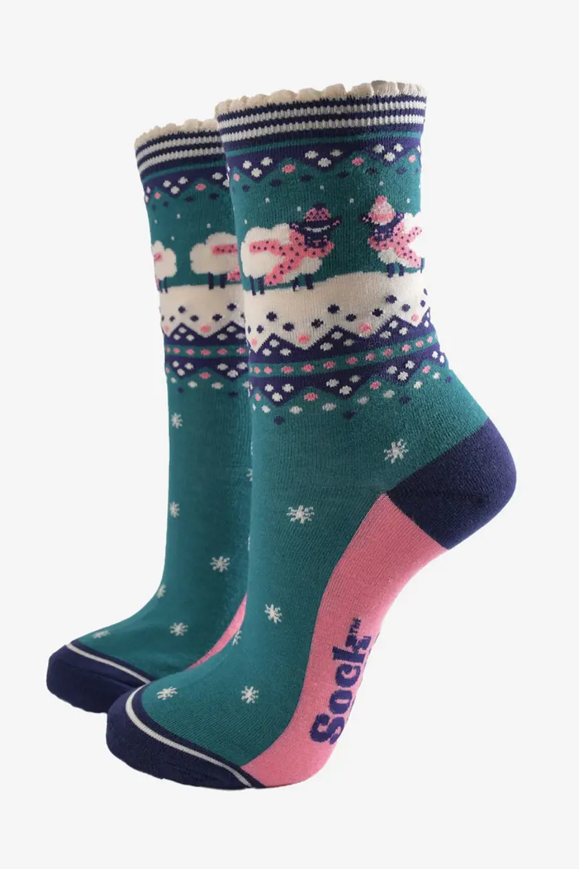 Women's Bamboo Socks Green Sheep Fair Isle