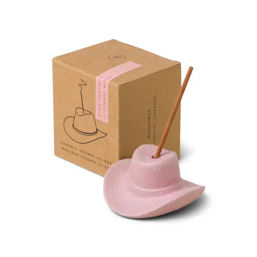 Cowboy Hat Incense Holder Pink w/ 100 Short Incense Sticks - Hinoki Wood