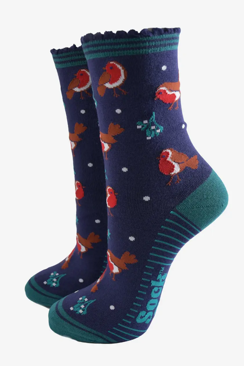 Women's Bamboo Socks Navy Blue Christmas Robin