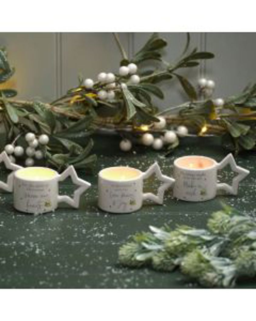 Christmas Sentiment Cup Tealight Holder 3 Asstd White Ceramic With Star Handle