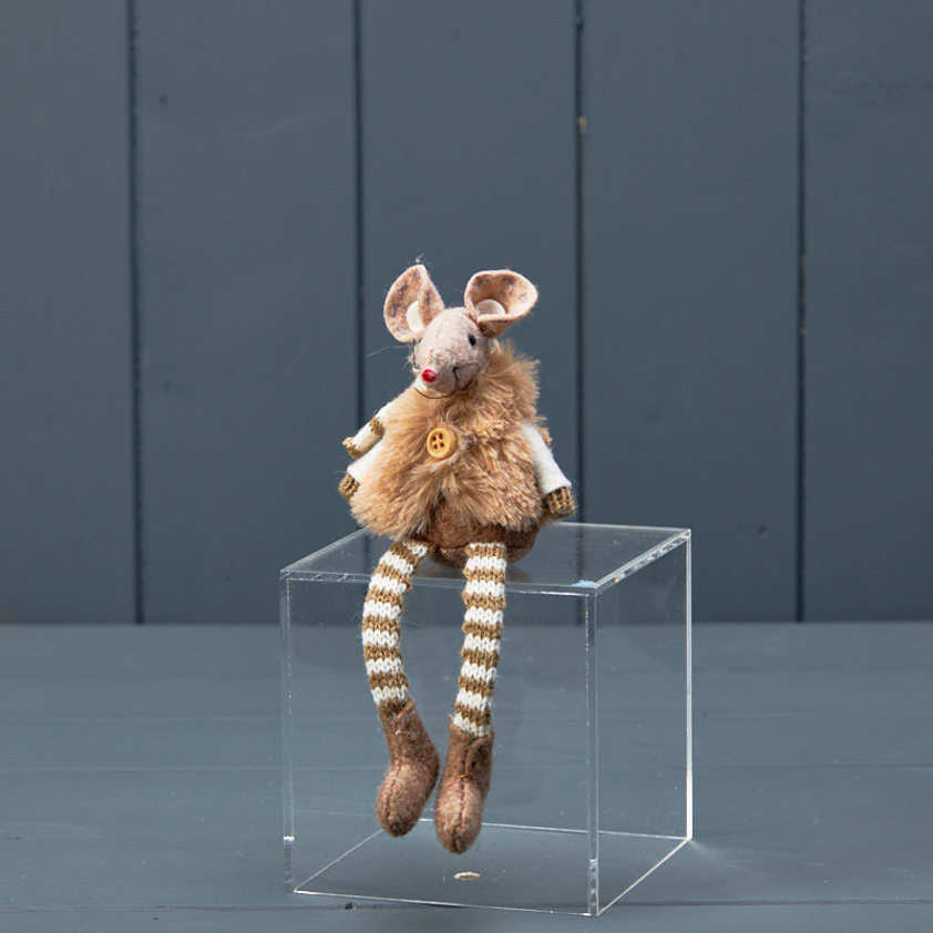 Taupe Fabric Mouse with Stripey Legs and Furry Gilet