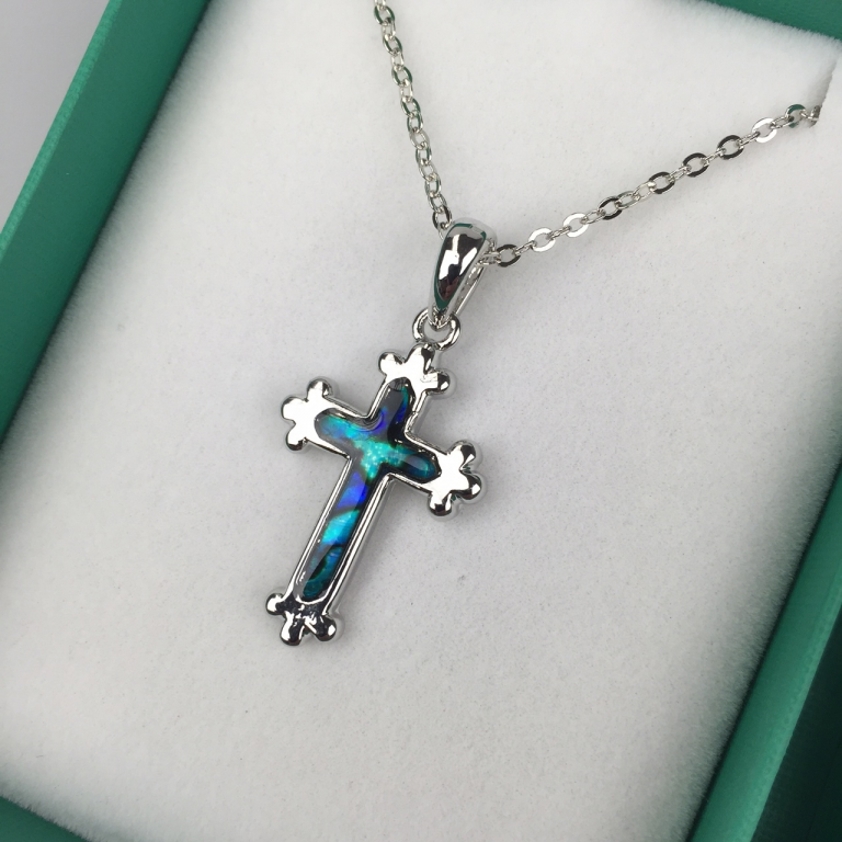 Inlaid Shell Cross - Blue Pendant