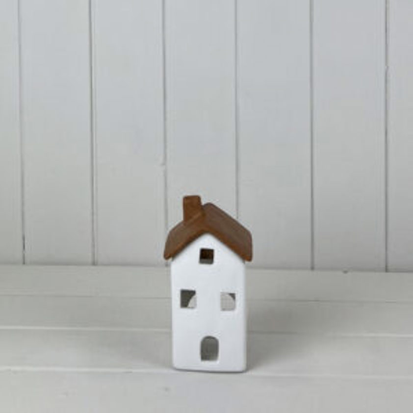 White/Wood Grain Effect Ceramic House Tealight Holder (14.5cm)