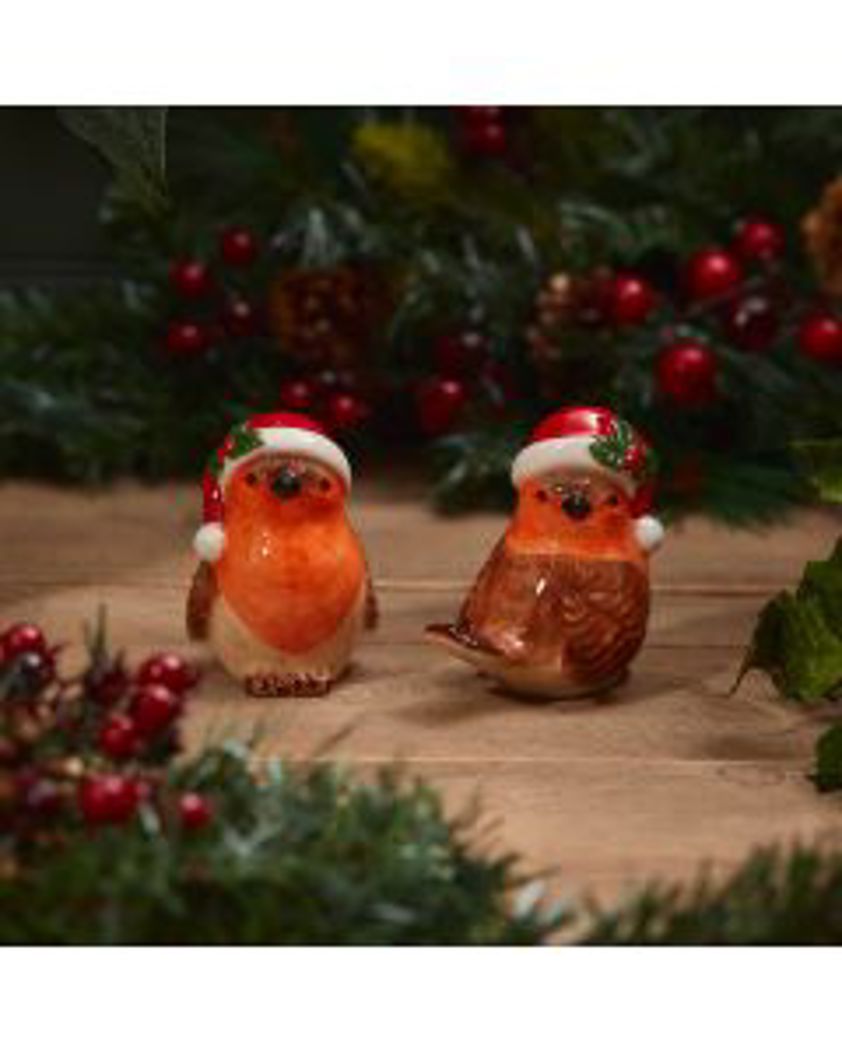 Christmas Robin Salt & Pepper Set Brown Ceramic With Santa Hats