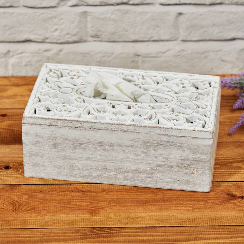 Carved Tissue Box Whitewashed Wood
