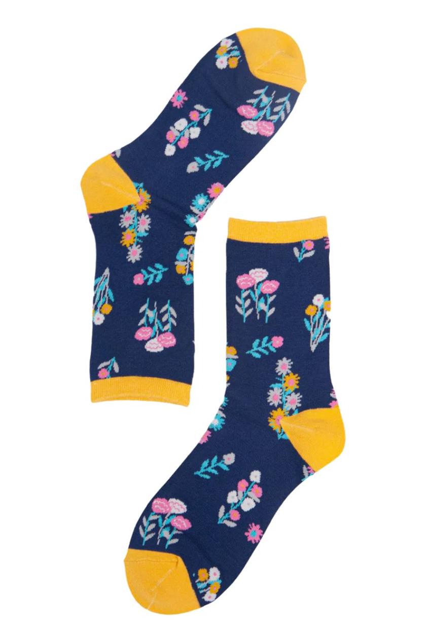 Navy Blue Mustard Women's Mixed Floral Bamboo Socks