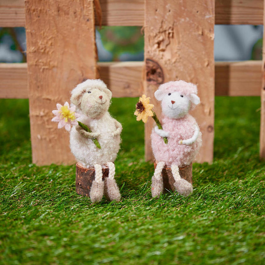 Fabric Sheep With Flower Sitting On Wood Block