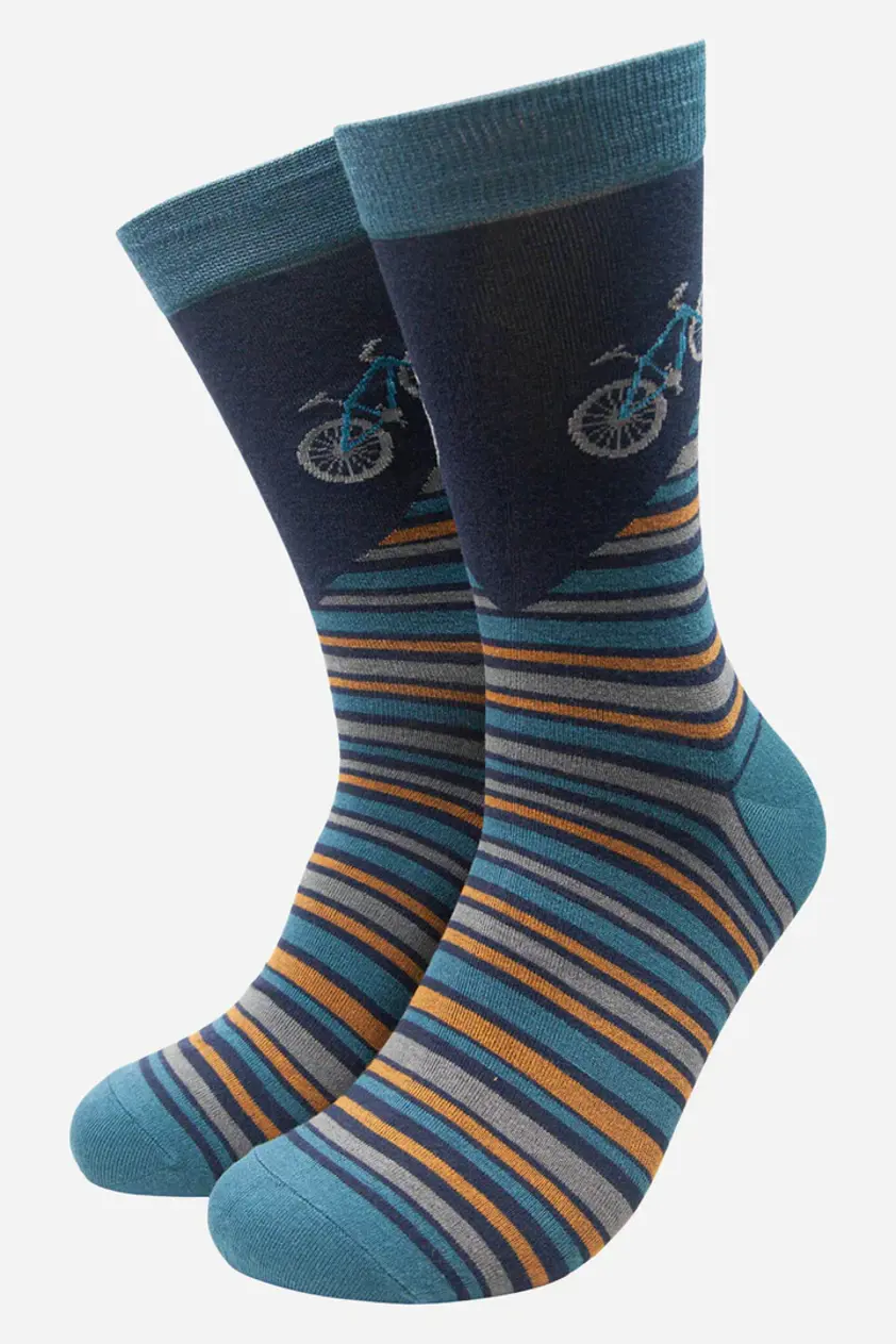 Teal Men's Bike and Tree Fair Isle Style Print Bamboo Socks