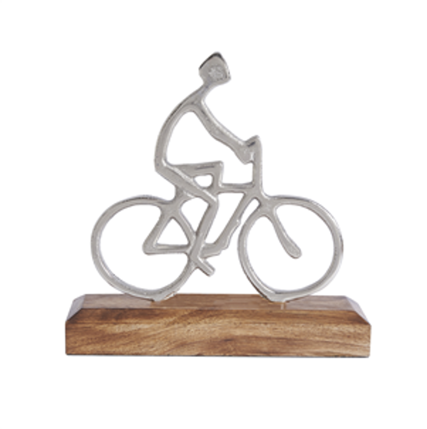 Silvered metal cyclist on base