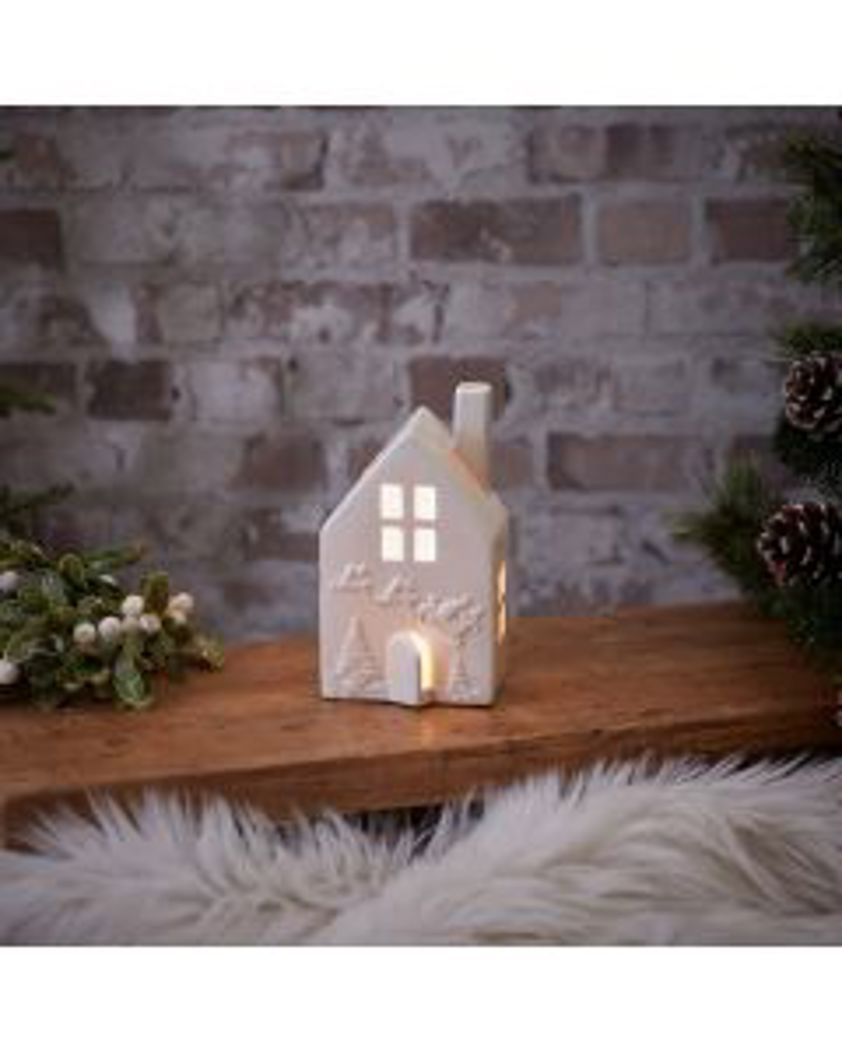 Christmas Led House Ornament Small White Ceramic With Santa & Sleigh