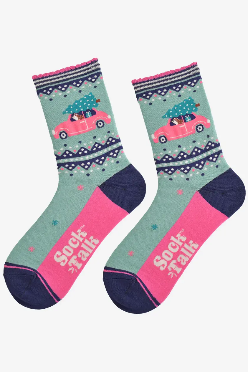 Women's Bamboo Socks Green Christmas Hedgehog Car