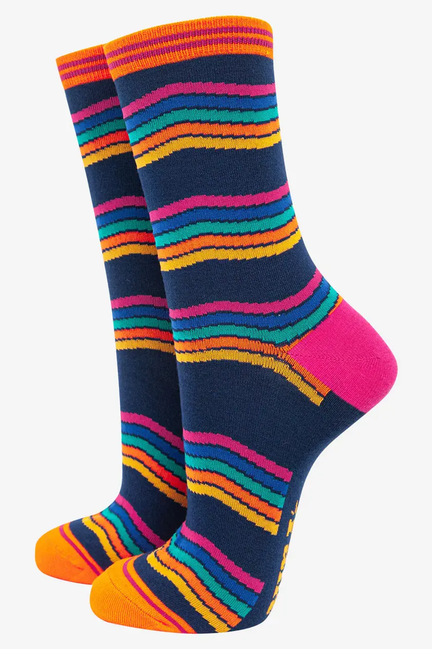 Women's Navy Waved Stripe Multi Coloured Bamboo Socks