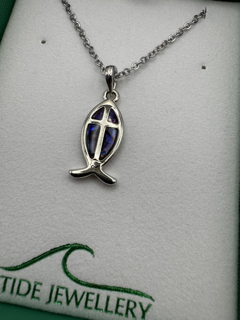 Inlaid Paua Shell Fish with Cross Pendant Purple