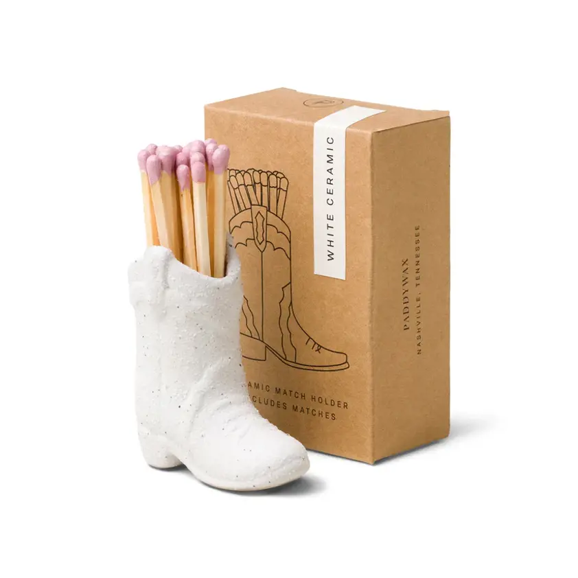 Nashville Ceramic Cowboy Boot Match Holder White with Matches (25 Pcs)