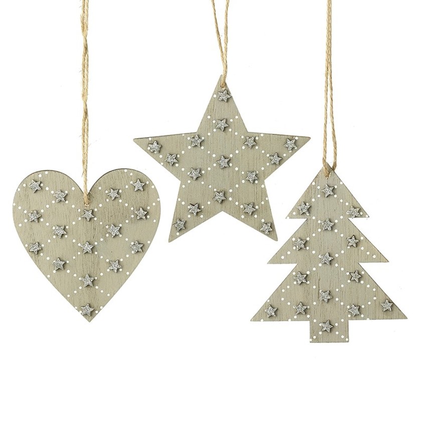 Wood Heart Star & Tree Decorations