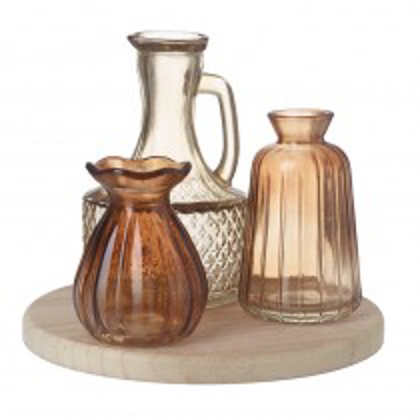 Set 3 glass vases/jugs on wooden tray