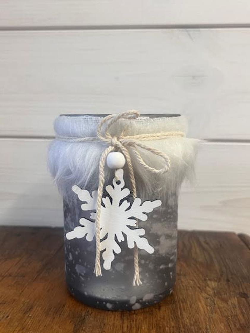 Glass Jar With Fir Trim & Snowflake