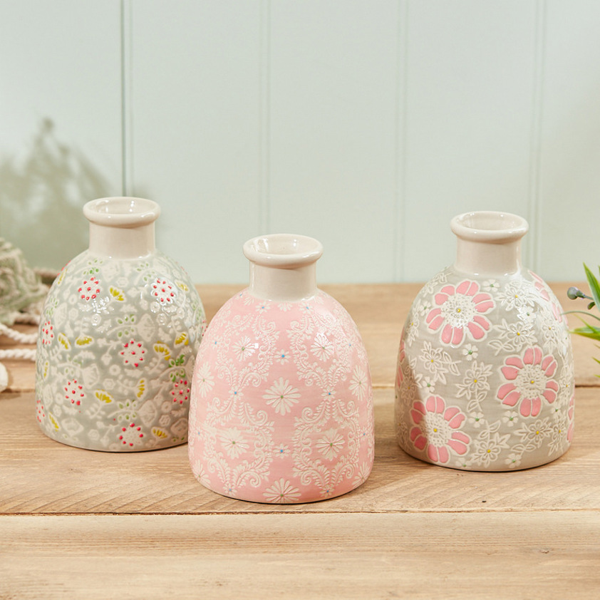 Pastel Ditsy Floral Vase  Debossed Stoneware