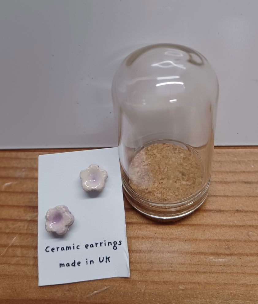 White and Lilac Flowers Ceramic Earrings