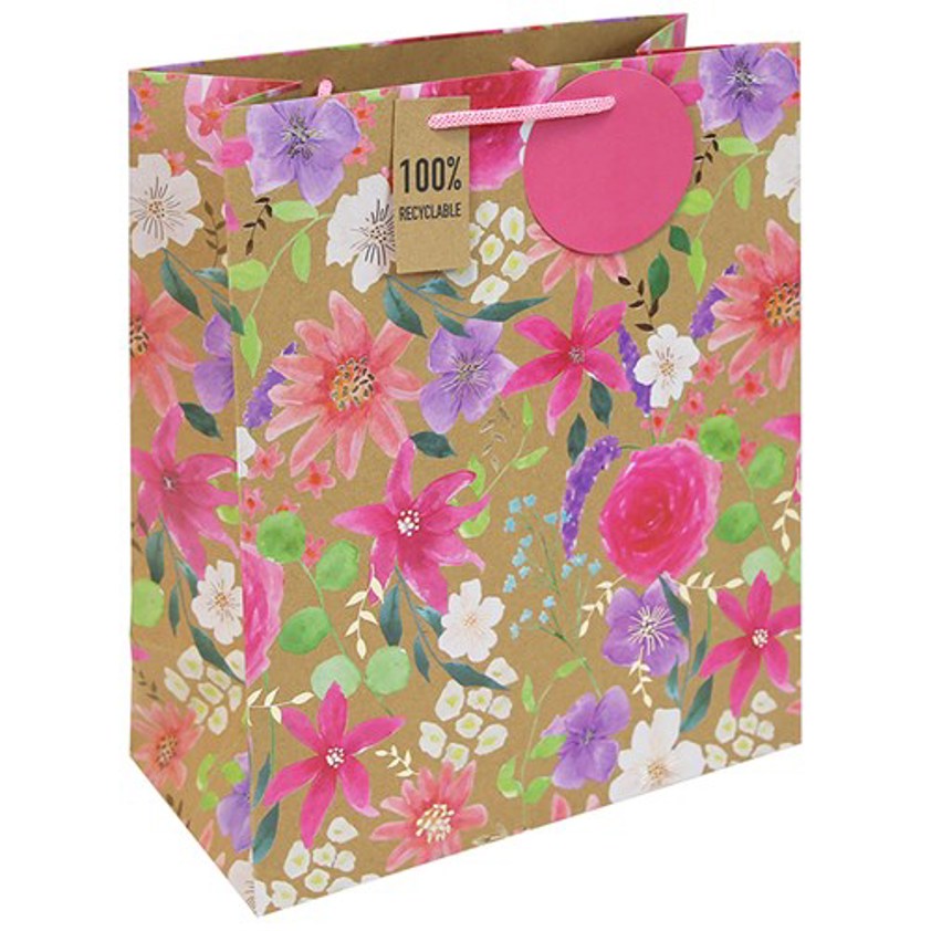 Kraft Pink Floral Gift Bag Large