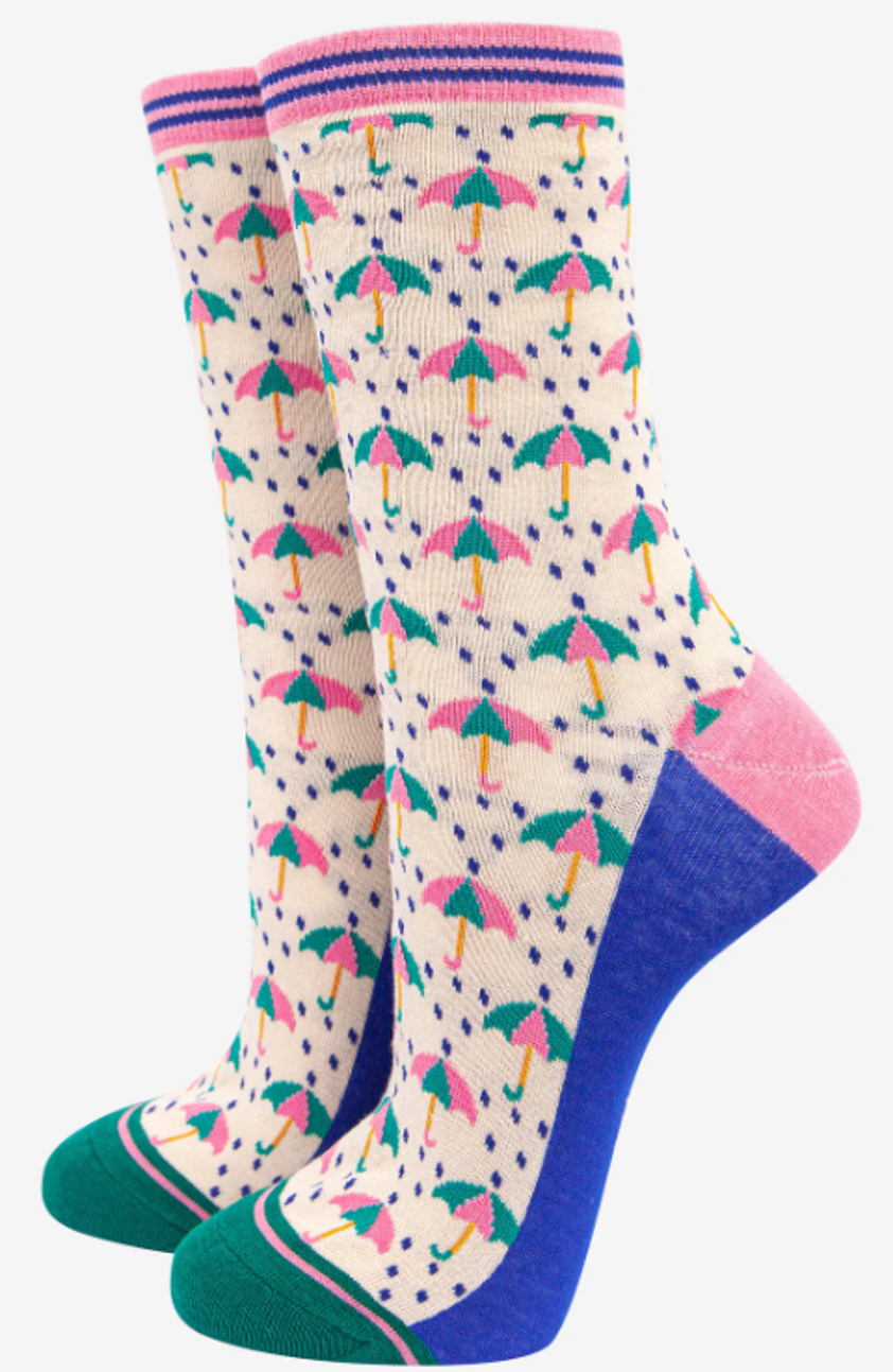 Women's Umbrella and Rain Bamboo Socks in Cream Blue