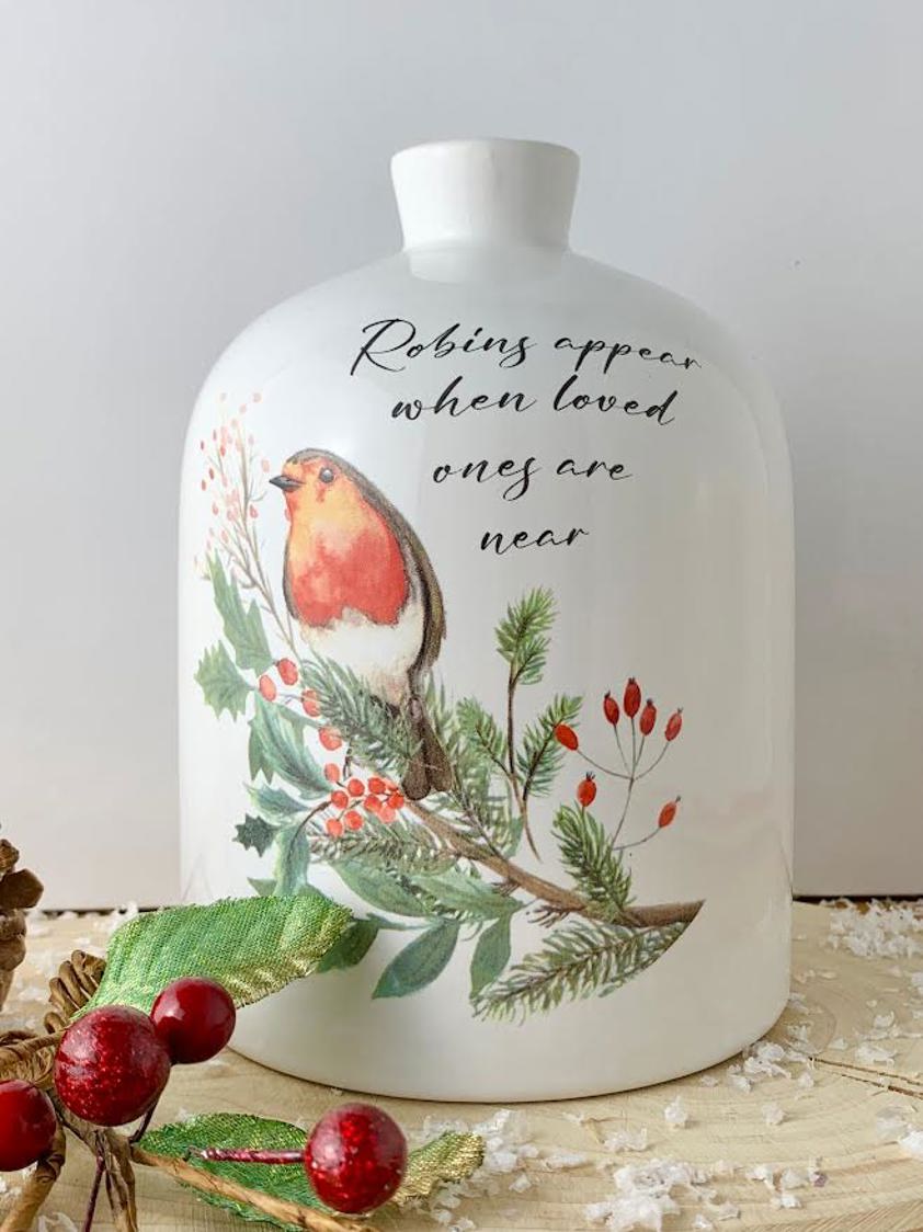 Xmas Robins Appear Vase White Ceramic With Berry Foliage