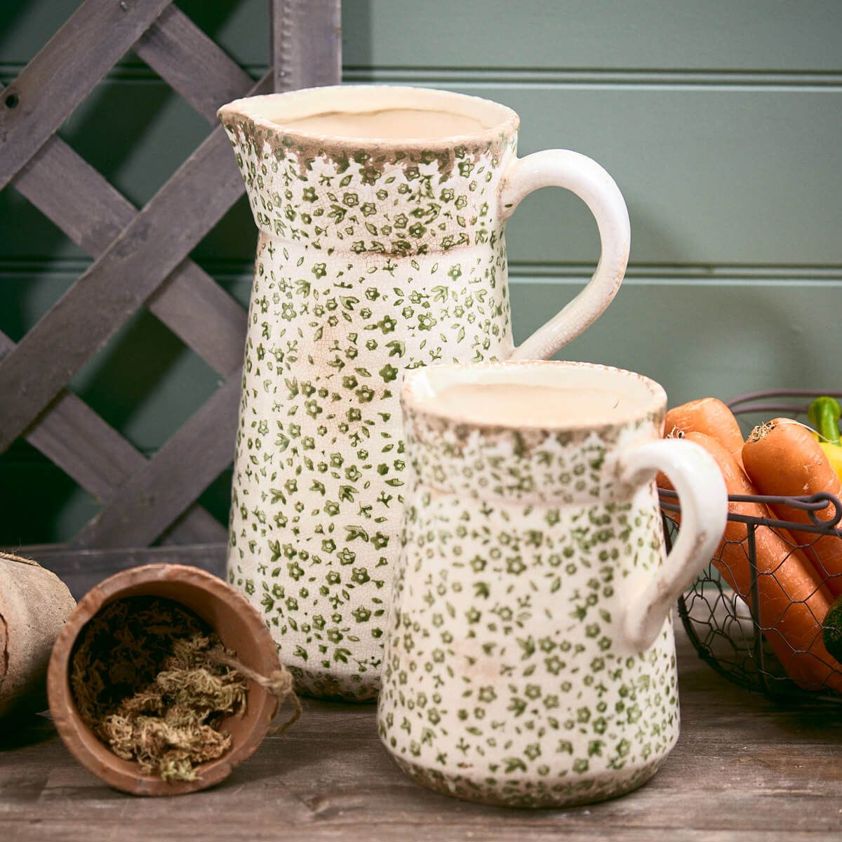 Distressed Soft Green Floral Jug Small