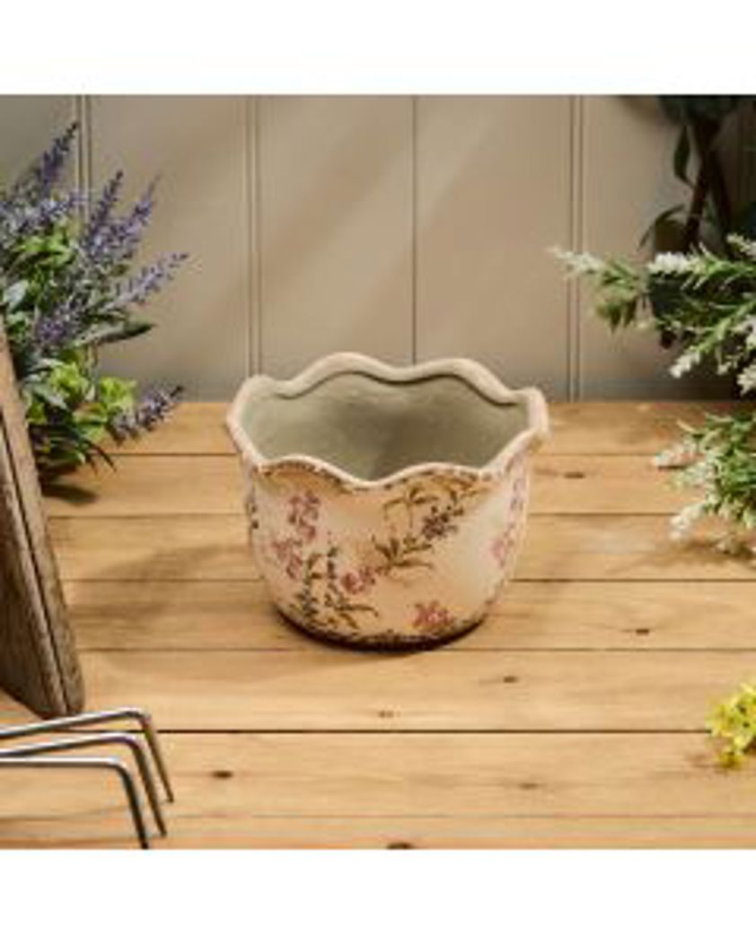 Distressed Decorative Ceramic Scallop Edge Floral Planter Large