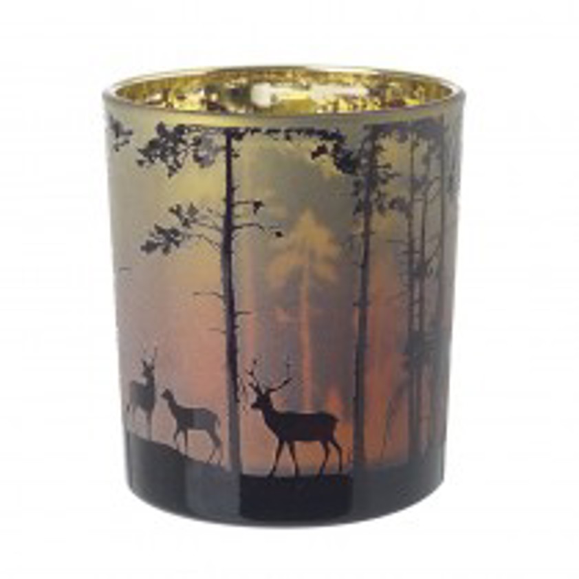 Tree & Deer Scene Glass T-Light Holder