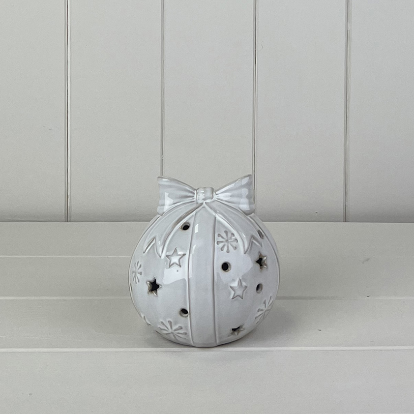 Glazed Ceramic Bauble with Bow Ornament with Textured Detail and LED (10.6cm)