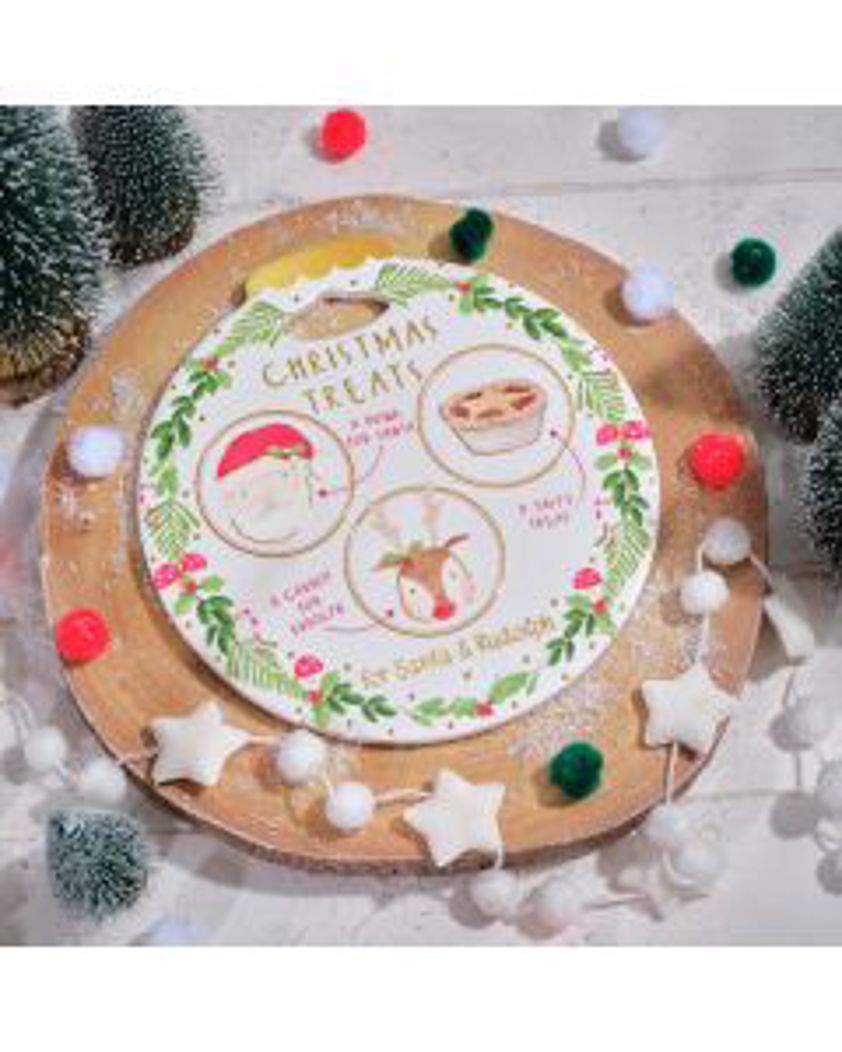 Childrens Winter Wonderland Raised Design Ceramic Treat Plate For Santa And Rudolph With Gold Detail