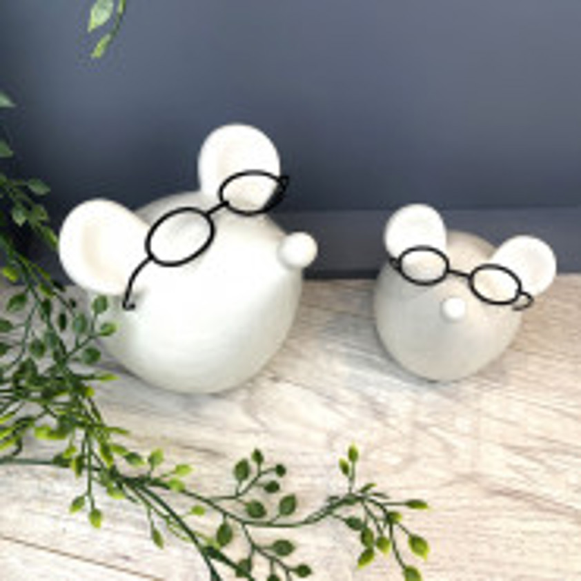 White Ceramic Mouse with glasses (12cm)