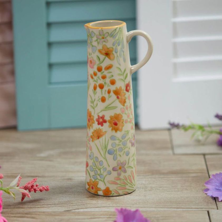 Stoneware Pretty Floral Tall Slim Vase With Handle