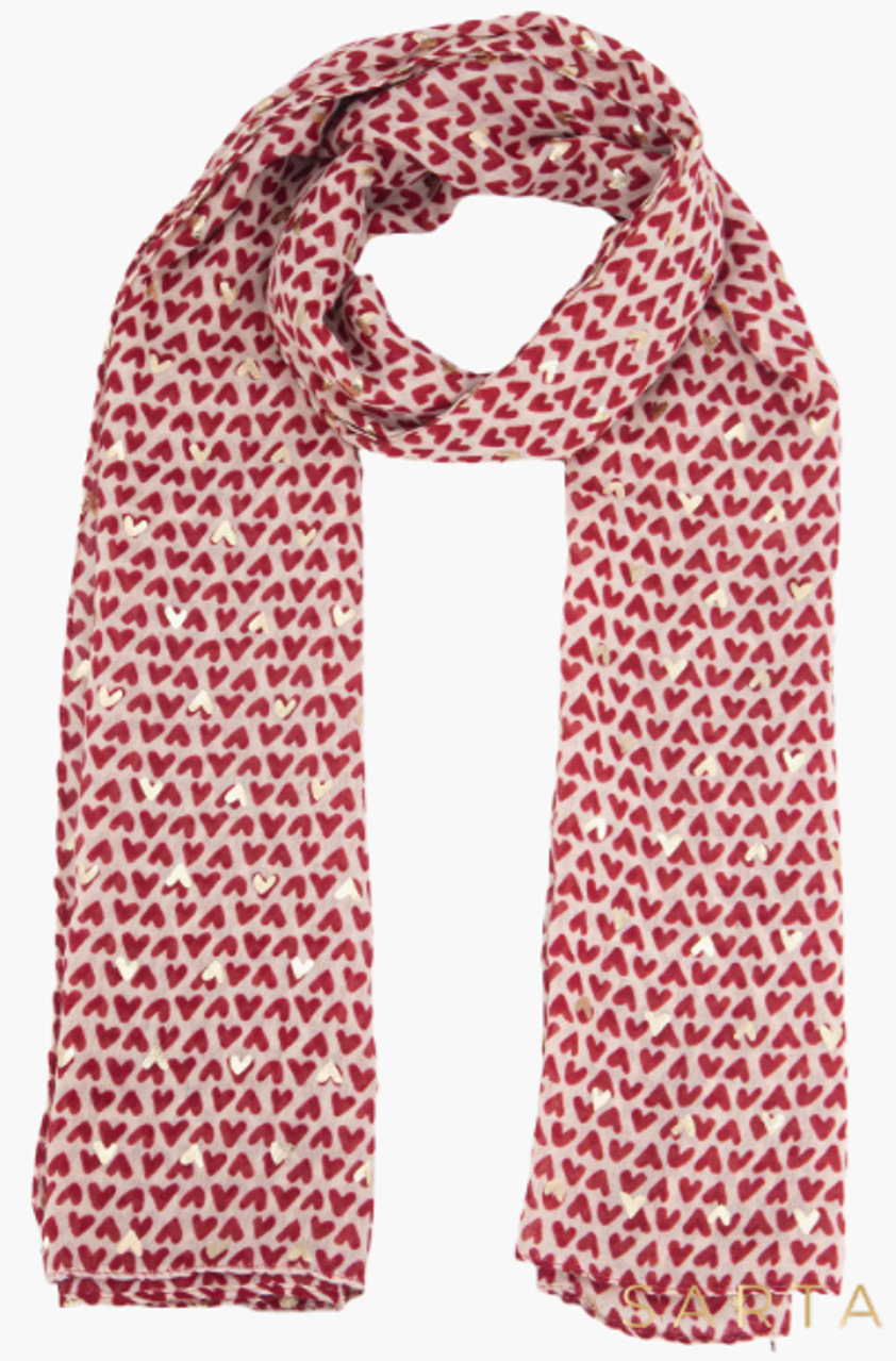 Red Rainie Metallic Hearts Lightweight Scarf