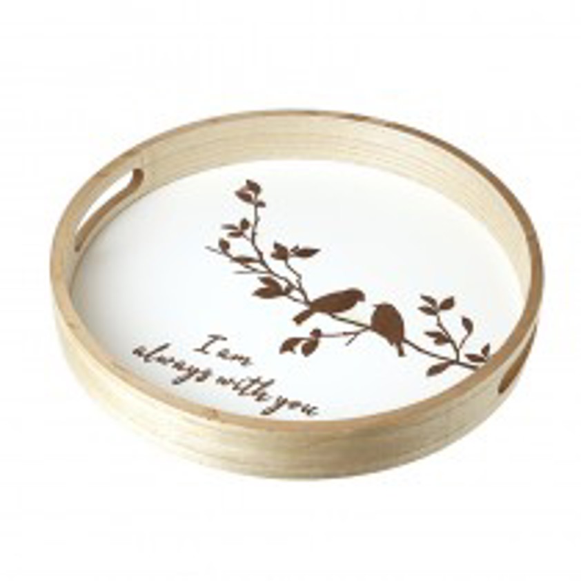Round Wooden Tray With Birds On Branch