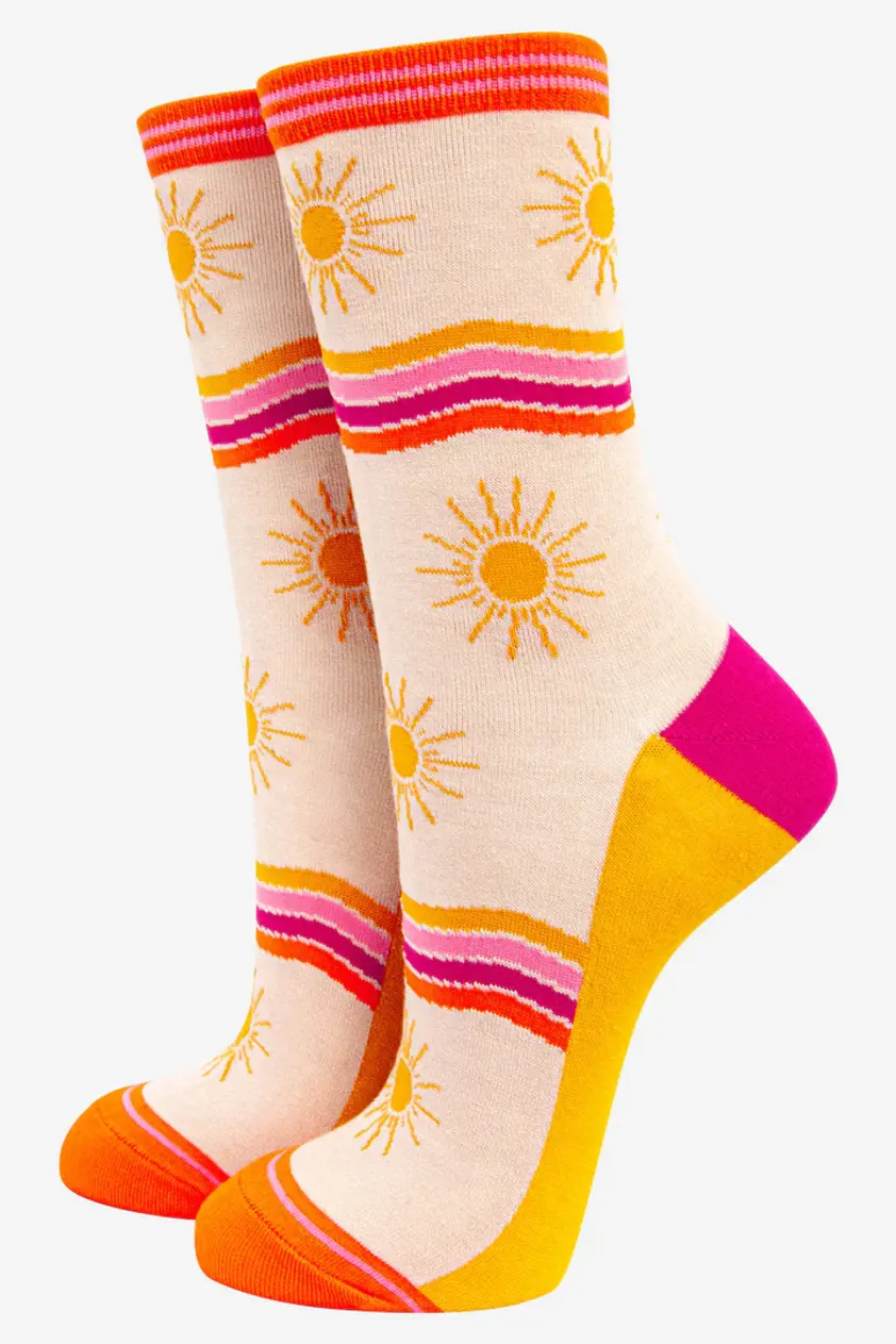 Women's Sunshine Stripe Band Bamboo Socks in Cream Multi