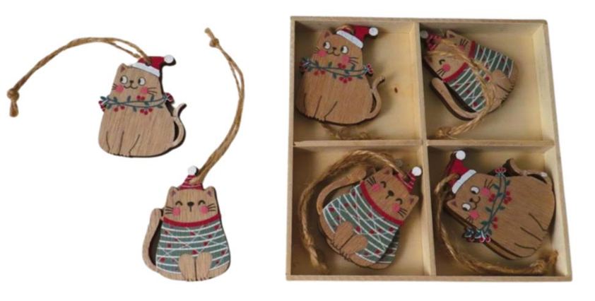 Set of 8 Wooden Cat Decorations