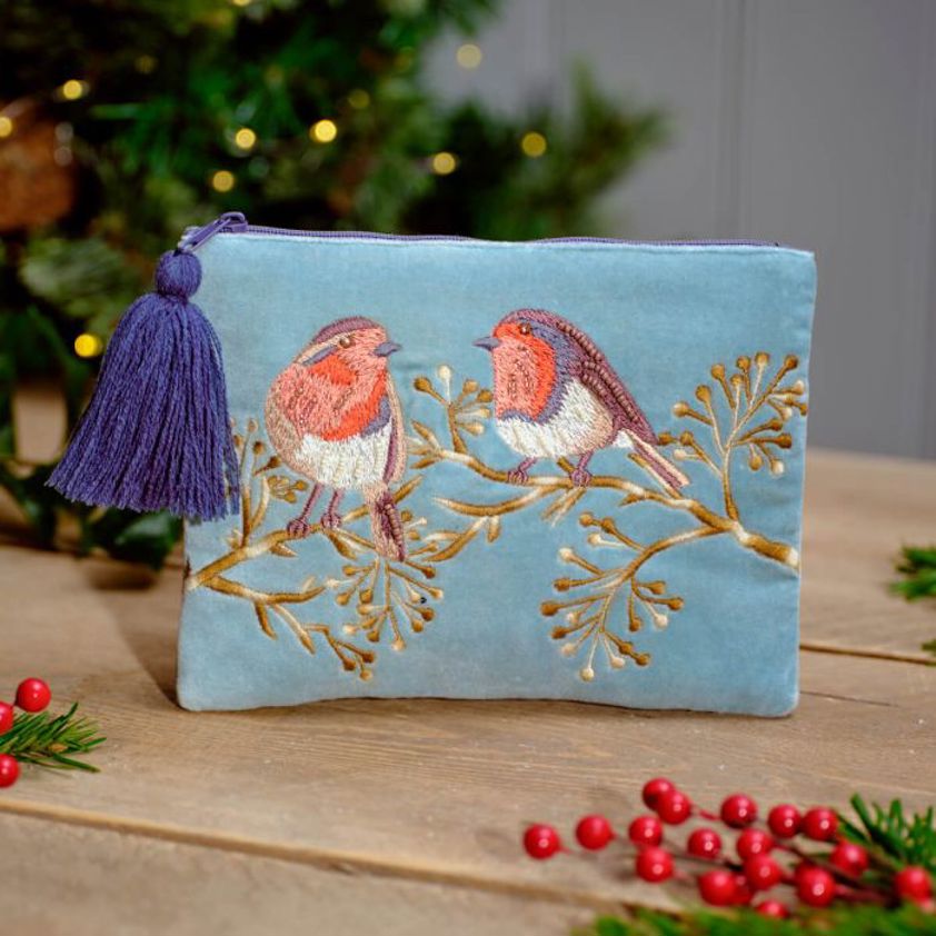 Festive Robin Velvet Pouch With Embroidery And Beads