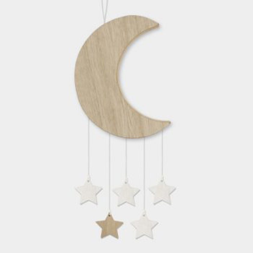 wooden moon with hanging stars