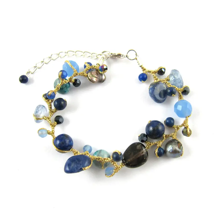 Dark Blue Lithos Semi precious stones and fresh water pearls on a multi strand Silk Bracelet
