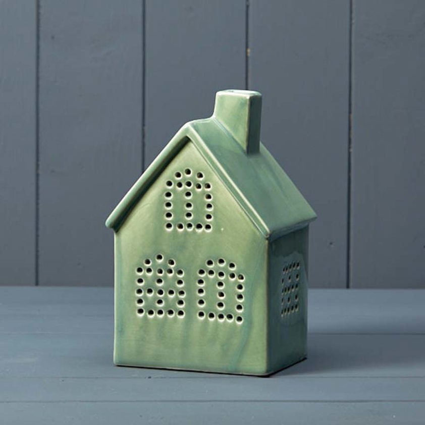 Light green ceramic LED light up house 18.5cm