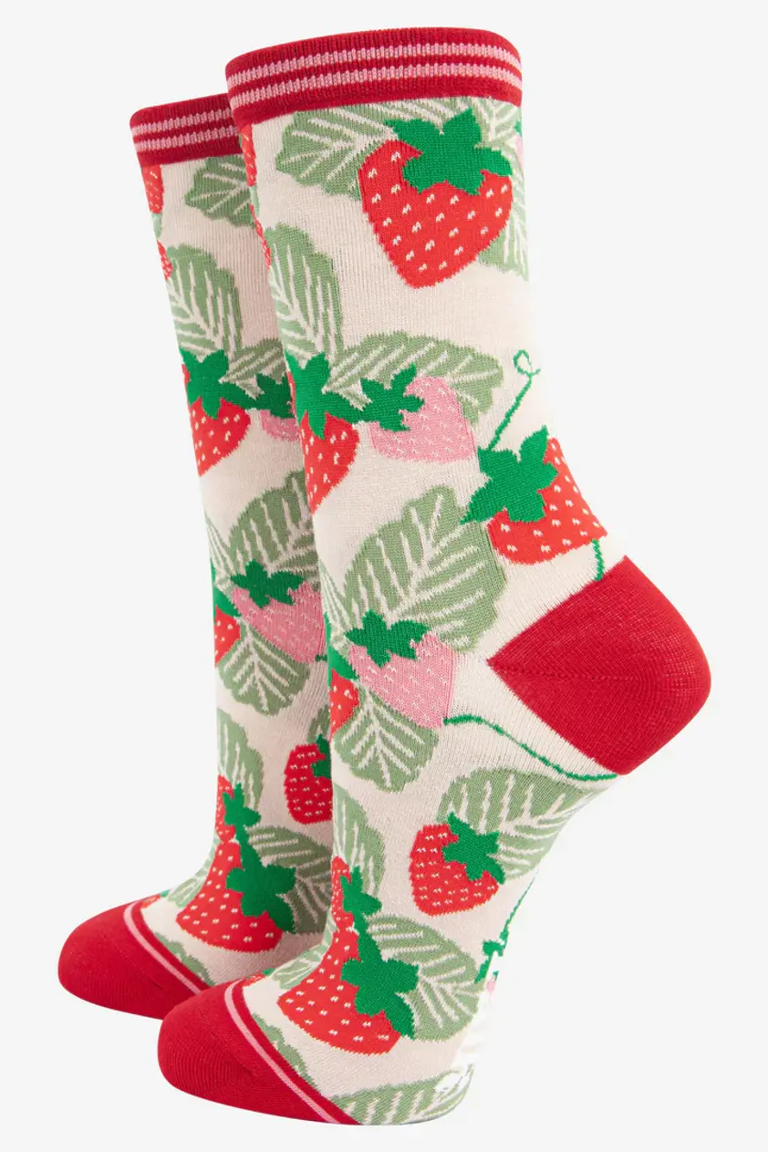 Women's Strawberry Print Bamboo Socks in Cream Red