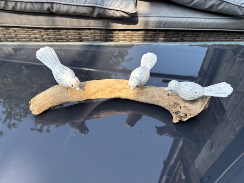 3 wooden birds on base