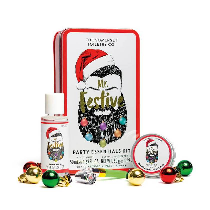 Mr. Festive Party Essentials Gift Tin Black Pepper 50ml Body Wash Beard and Moustache Wax Beard Baubles & Party Blower