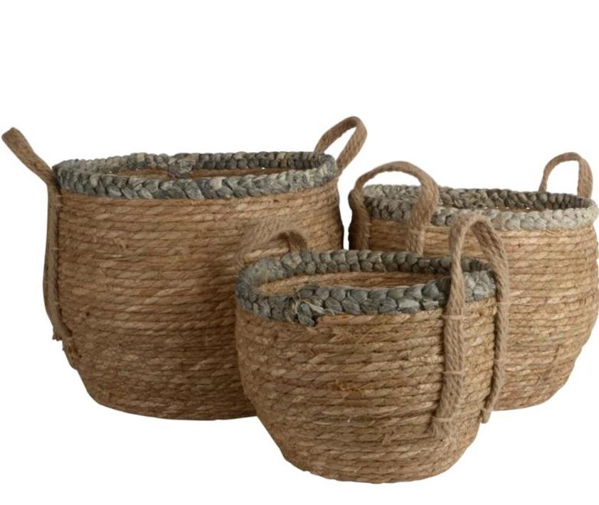 Straw Basket With Grey Braid Rim with Handles