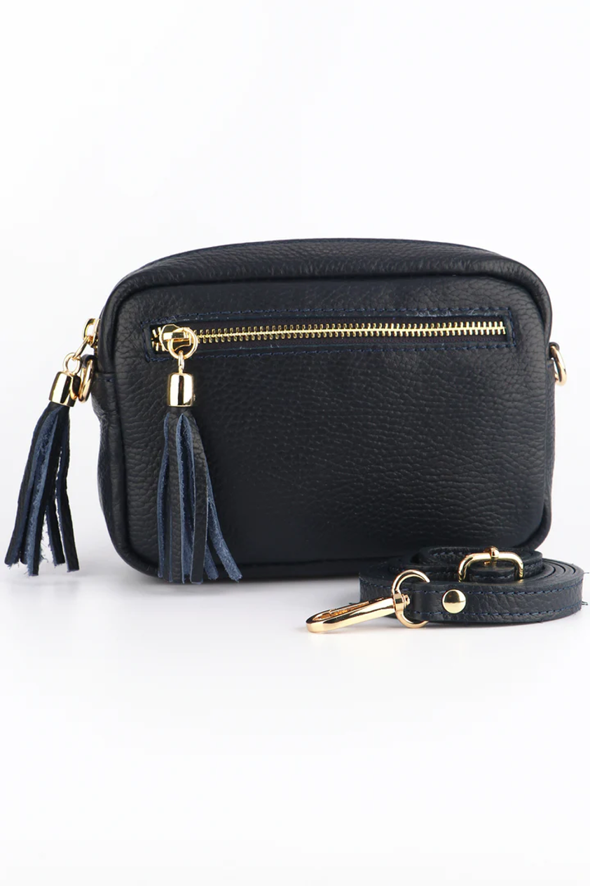 Navy Small Italian Leather Crossbody Camera Bag with Front Zip Pocket