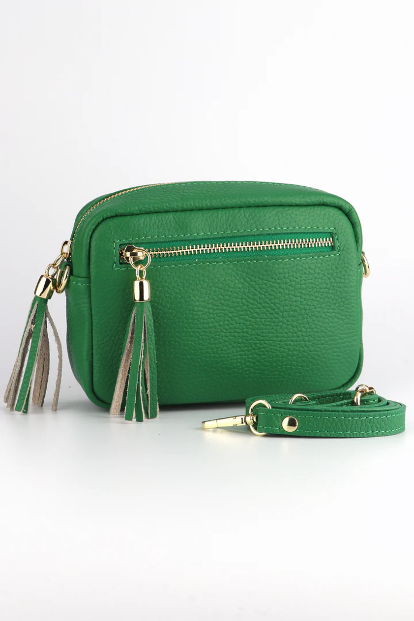 Bright Green Small Italian Leather Crossbody Camera Bag with Front Zip Pocket